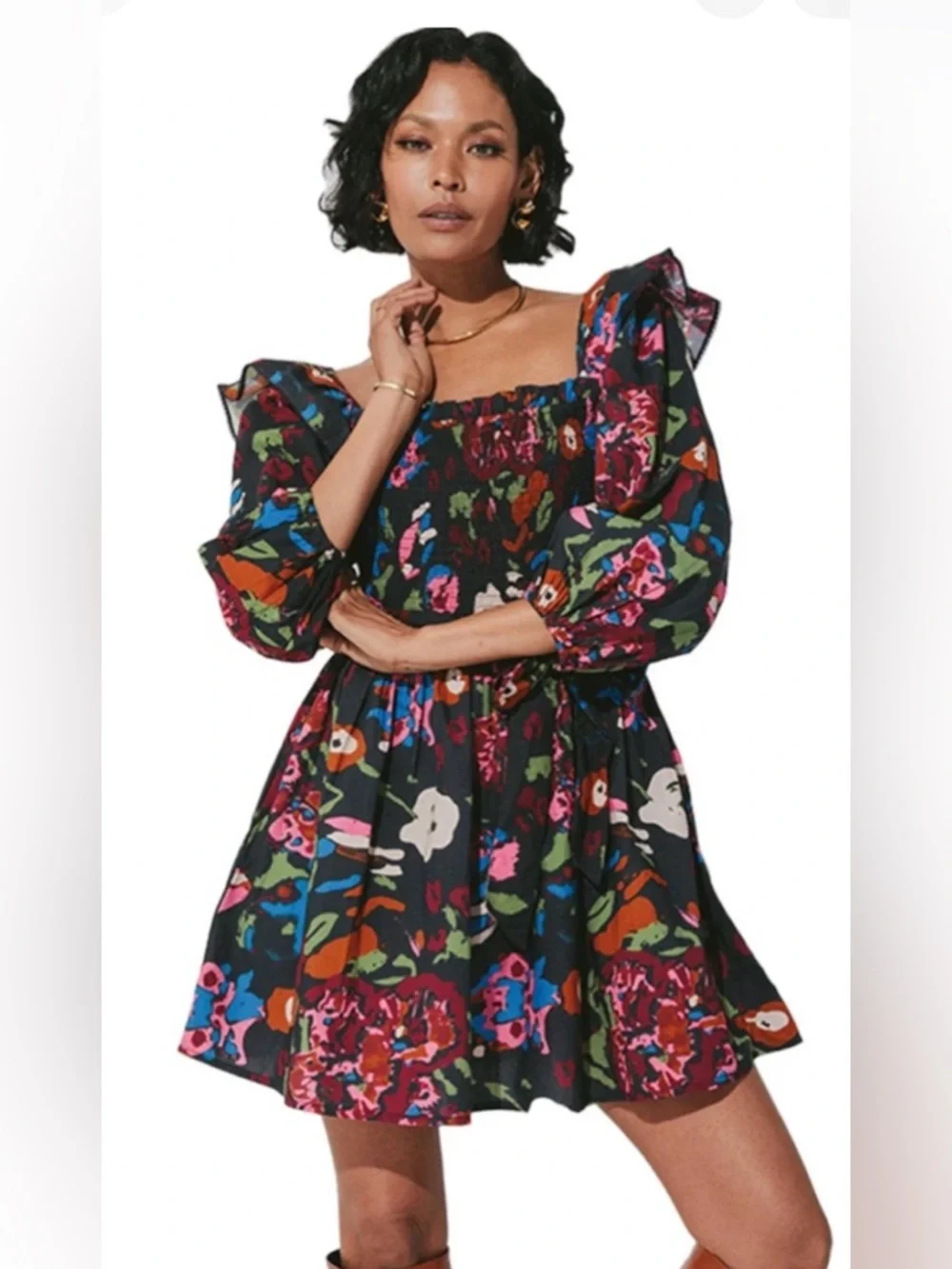 Cleobella Black Multi Floral Smocked Puff-Sleeve Mini Dress size small - Picture 7 of 9